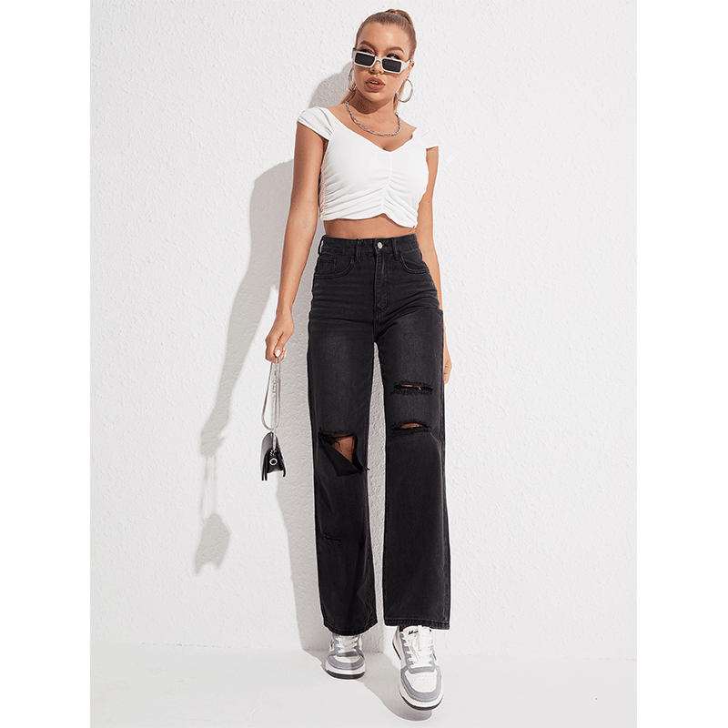 Black Ripped Straight Casual Street Style Denim Jeans
