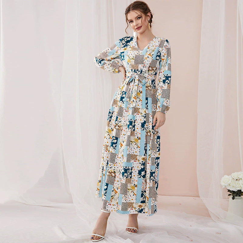 V-neck Long Sleeve Floral Print Maxi Dress