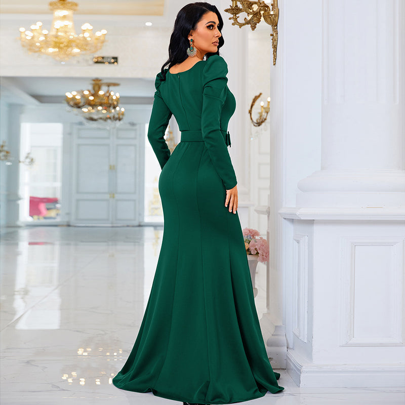 U Neck Long Sleeved Elegant Slim Fit Long Solid Color Cocktail Evening Dress