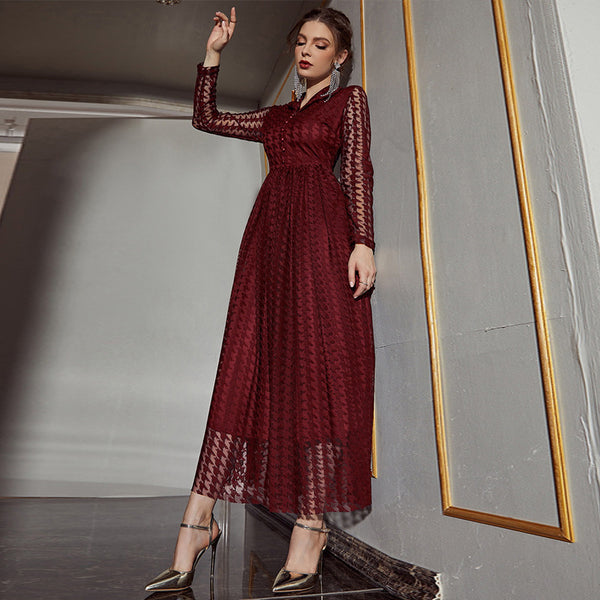 Mesh Hollow Out Cutout V Neck Maxi Dress
