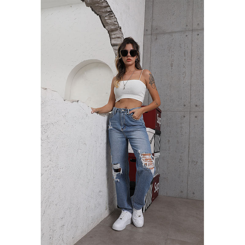 Street Style Straight Leg Ripped Denim Jeans