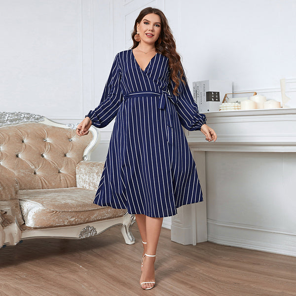 Plus Size Striped Loose V neck Belt Office Dress