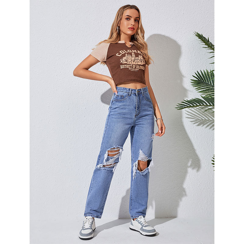 Street Straight Leg Ripped Slimming Jeans