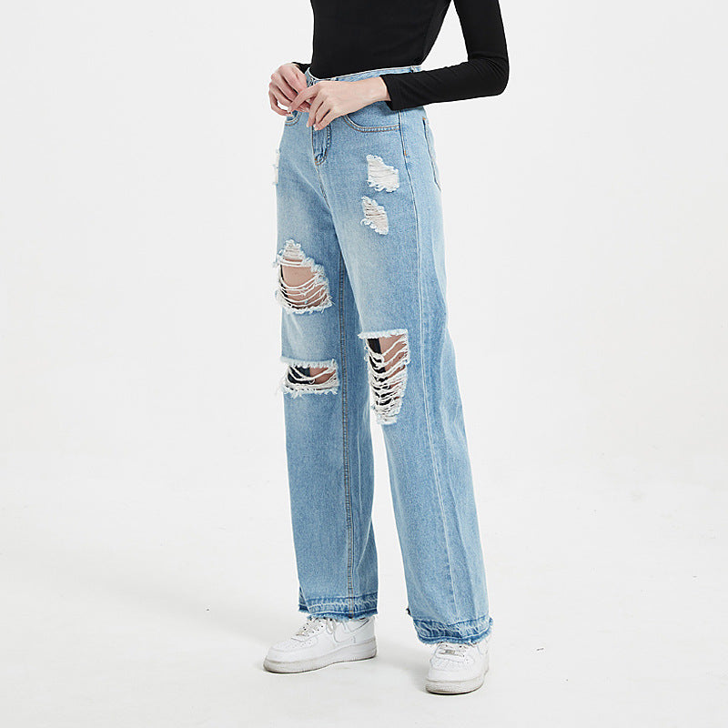 High Waist Wide Leg Denim Jeans With Hole